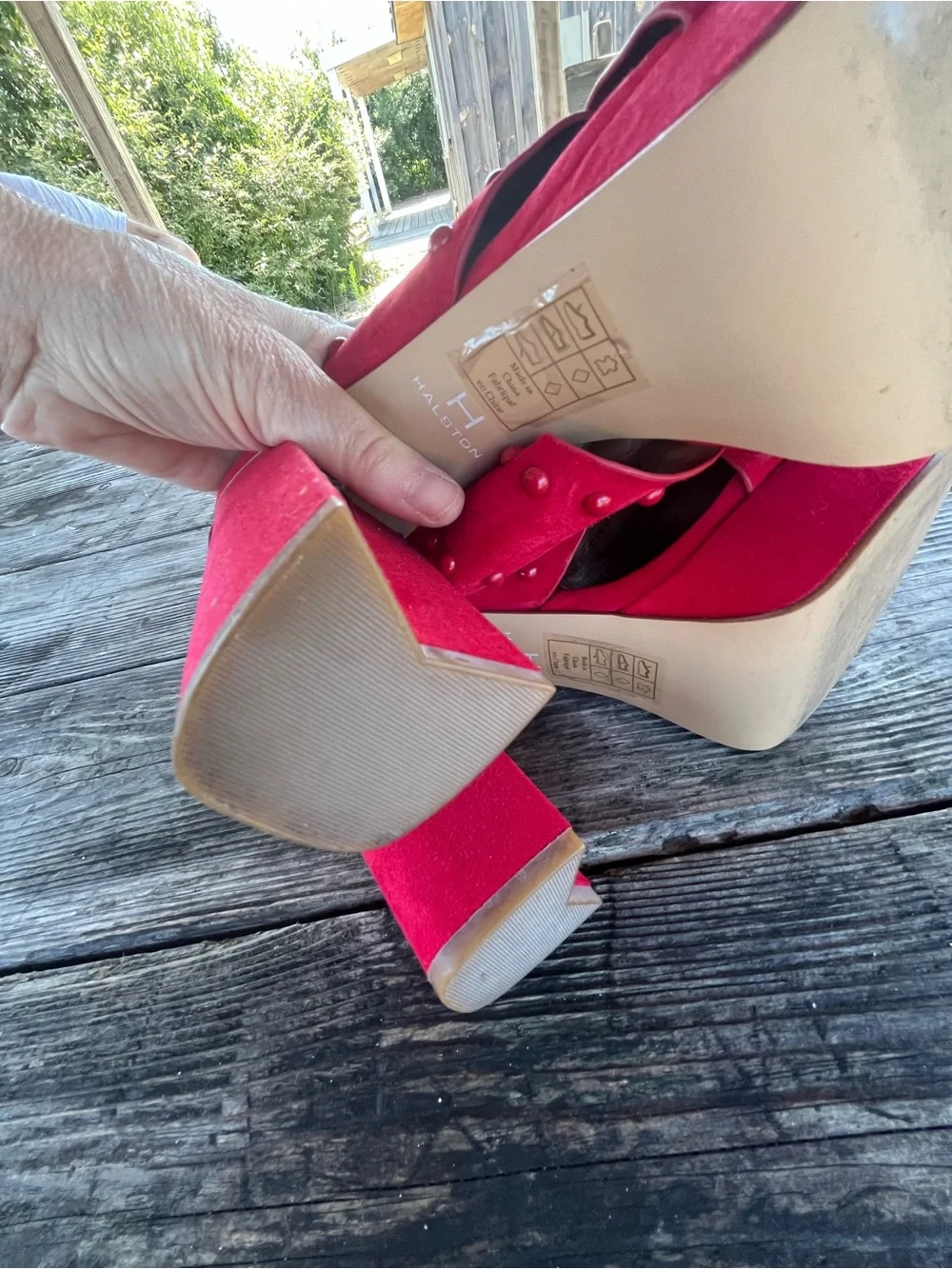 HALSTON Red Studded Women’s Suede Heeled Sandals PLATFORMS SZ  8.5